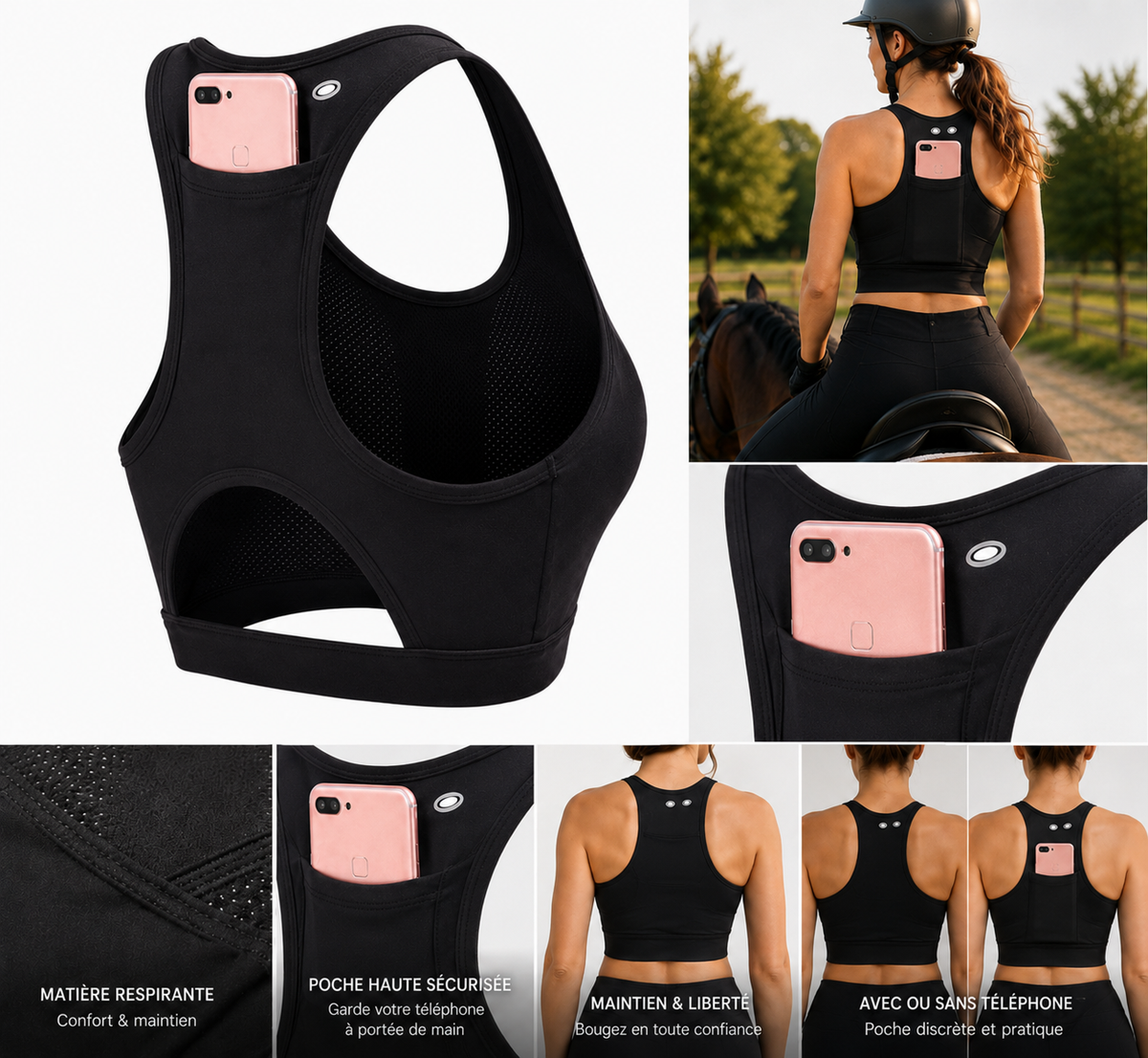 Brassière de sport pour cavalière avec poche dorsale