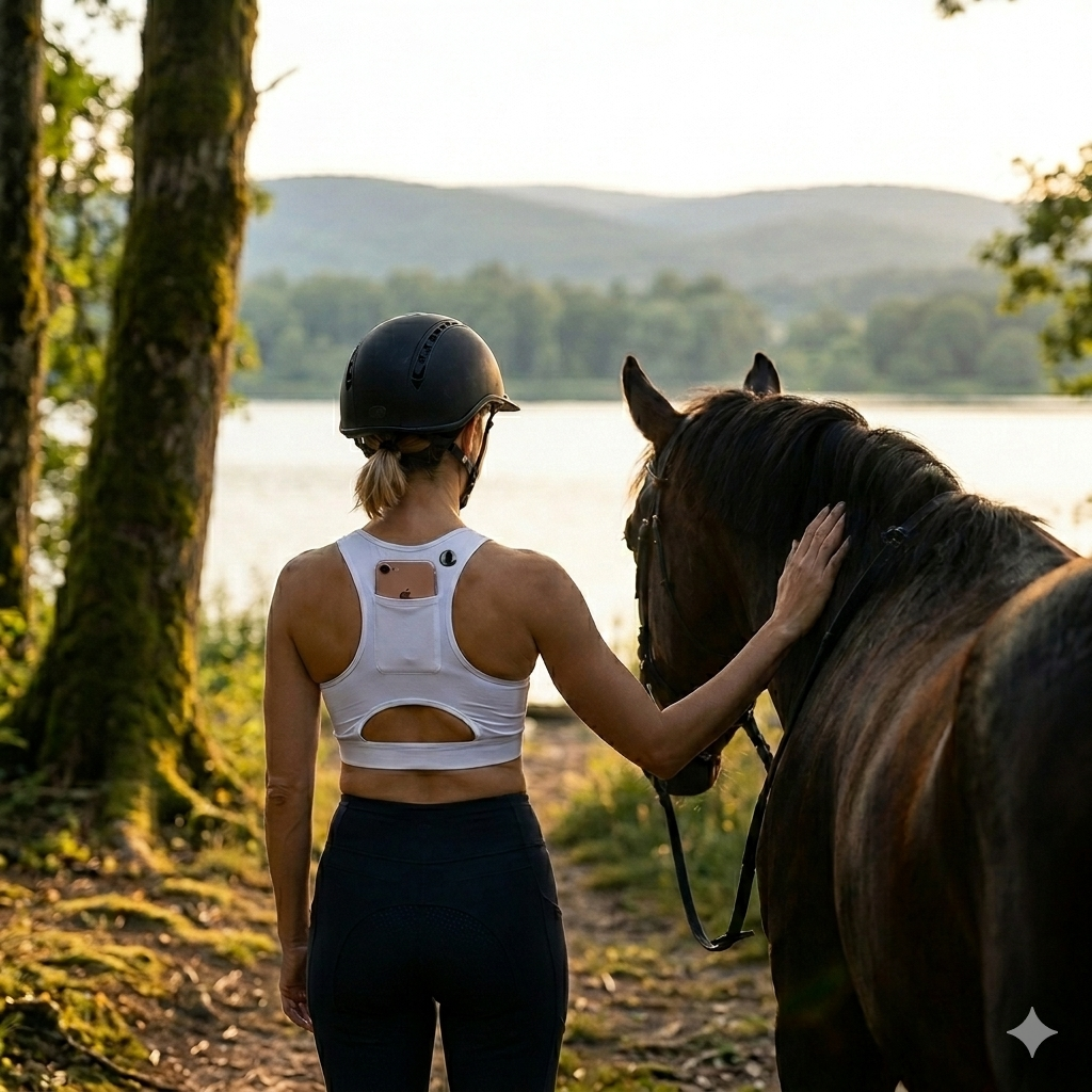 Brassière de sport pour cavalière avec poche dorsale